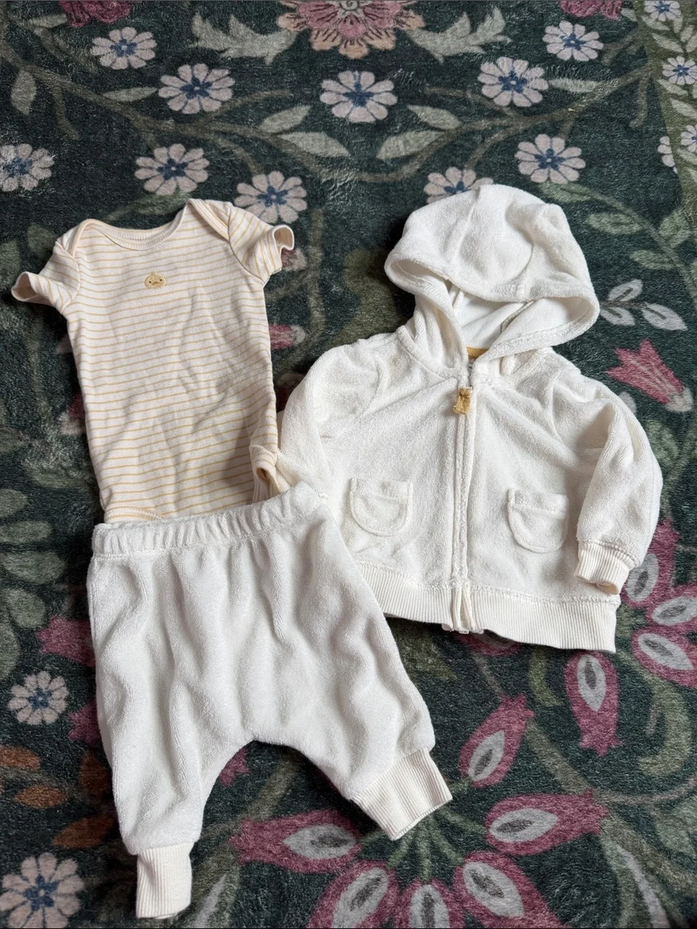 Carter's White Hooded Jacket, Pants & Cream-Striped Onesie